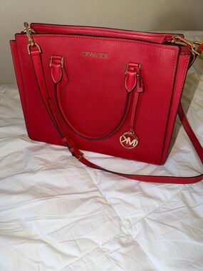 Michael Kors Red Saffiano Satchel with Gold Charm